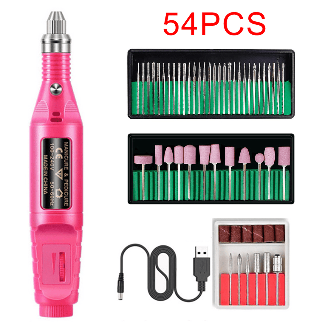 54PCS Electric Polishing Pen Nail Drill Machine USB Adjustable Speed Nail Art Tool - MRSLM