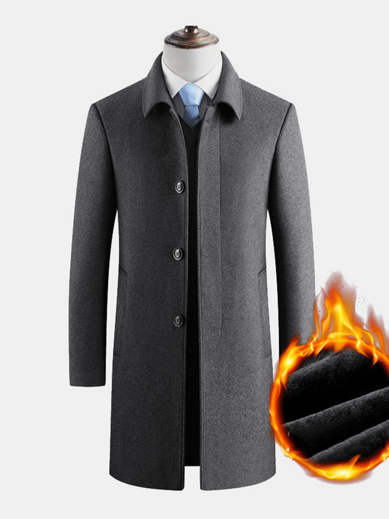 Mens Solid Color Thick Warm Single-Breasted Business Woolen Cloth Trench Coats - MRSLM