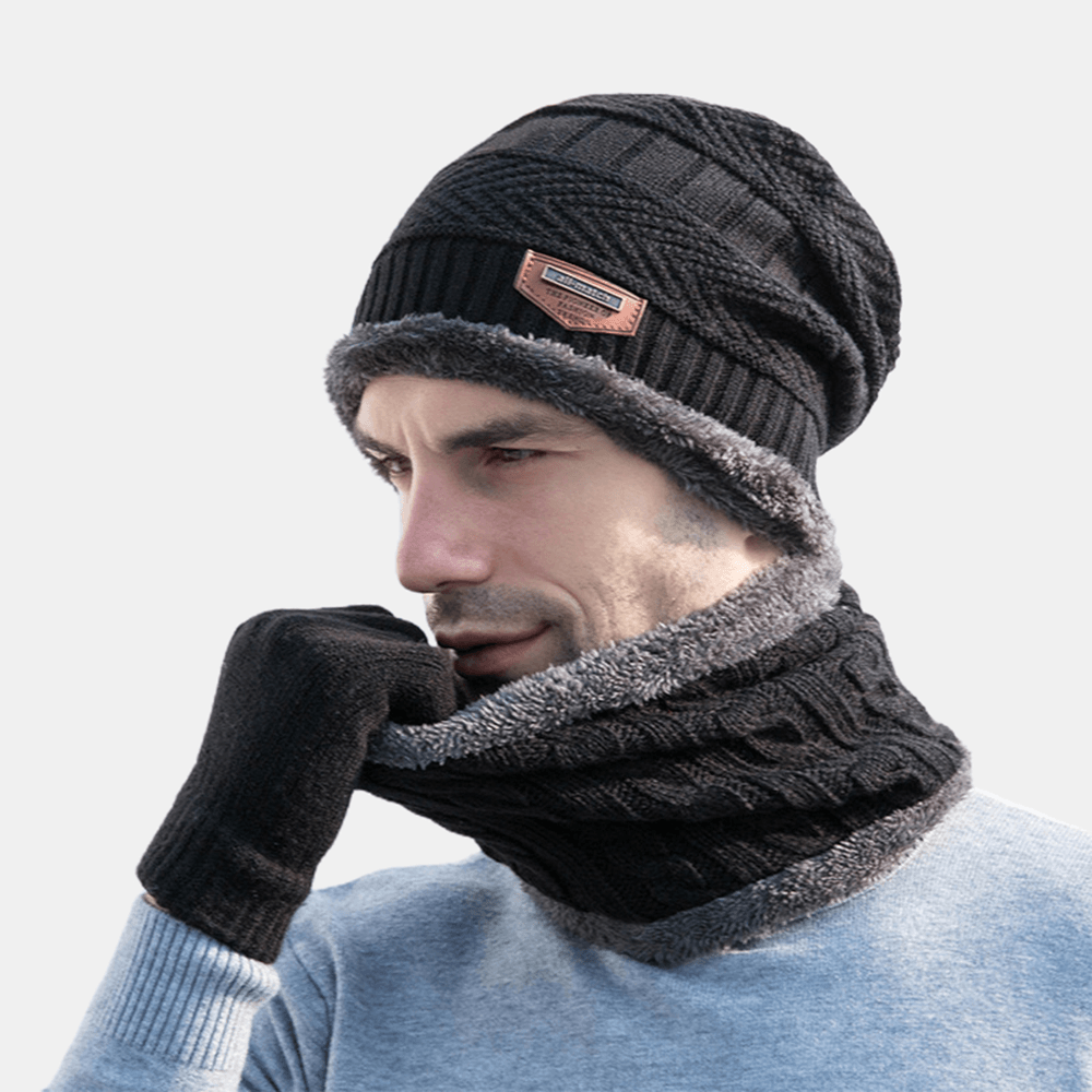 Men Child 3PCS Solid Color Keep Warm Sets Fashion Casual Wool Hat Beanie Scarf Full-Finger Gloves - MRSLM