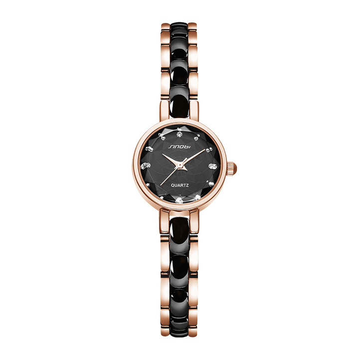 SINOBI 9836 Women Simple Three-Pin Crytal Diamonds Dial Fashion Ceramic Steel Strap Quartz Watch - MRSLM