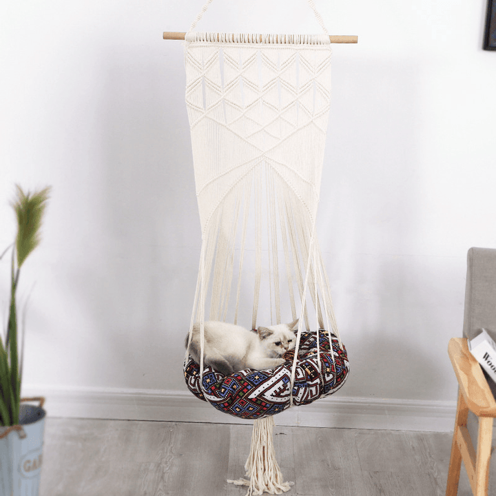 Bohemian Cat Bed Swing Handmade Hammock Handwoven Pet Cats Dog Hanging Tassel Sleep Chair Seat Universal - MRSLM