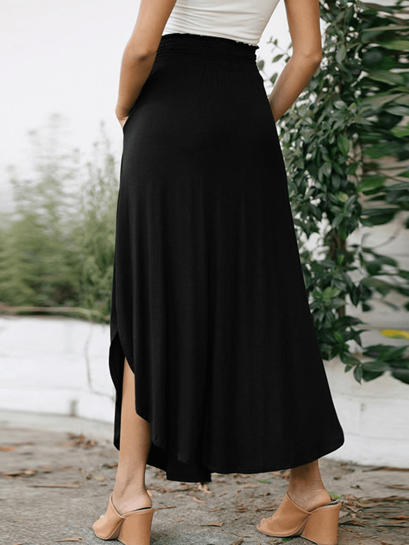 Women Elastic Waist Irregular Hem Side Fork Casual Skirts with Pocket - MRSLM