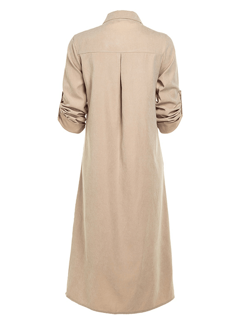 Women Long Adjustable Sleeve Button Turn-Down Collar Long Shirt Dress - MRSLM