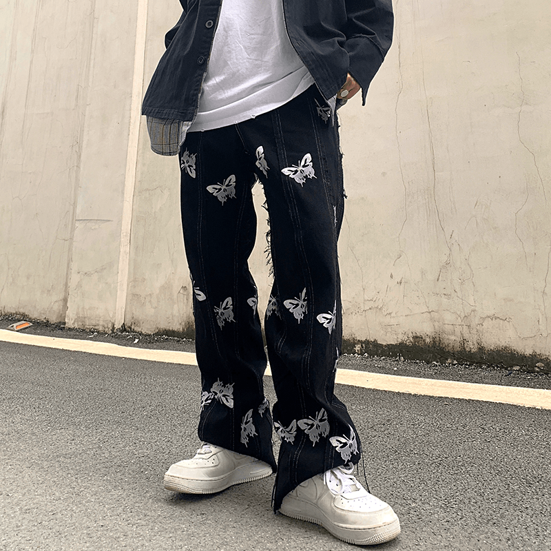 Niche Personality Butterfly Reflective Printing Stitching Tassel Harajuku Hip-Hop Street Straight Jeans Dark Ins Tide - MRSLM