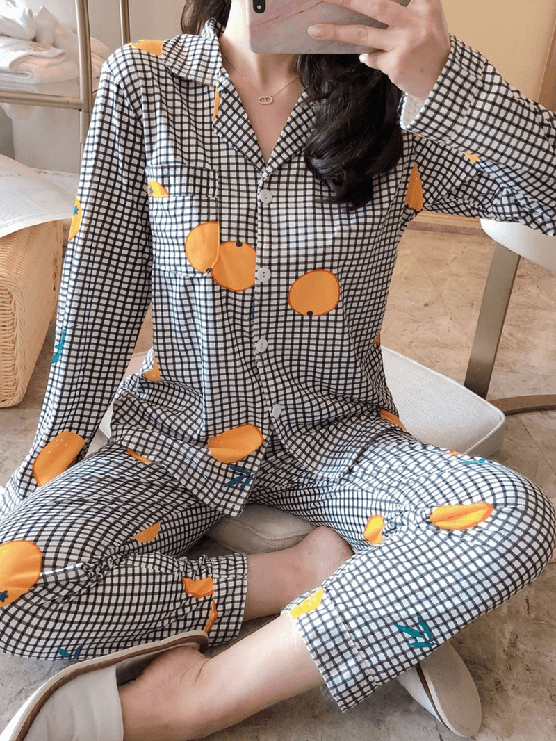 6 Patterns Womens Plaid Revere Collar Long Sleeve Loose Home Pajama Set - MRSLM