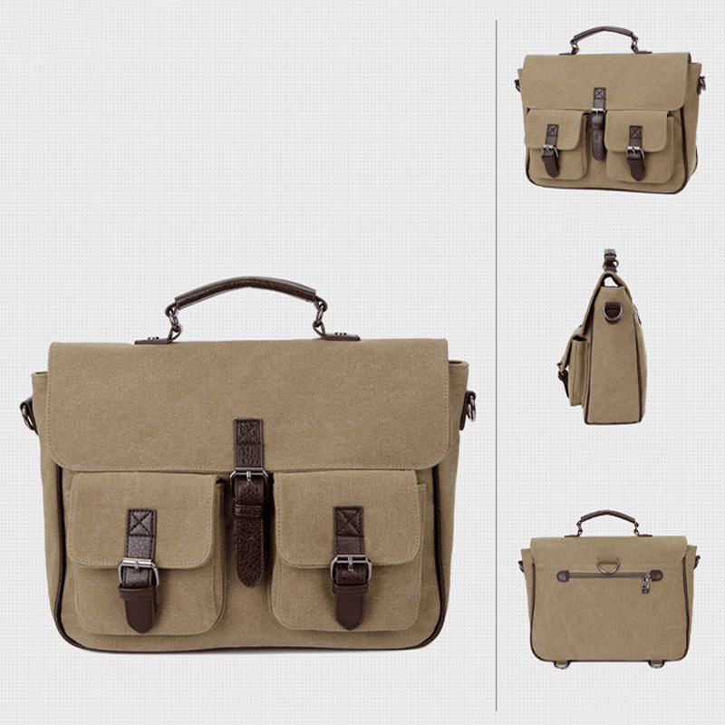 Men PU Leather Canvas Large Capacity 14 Inch Multifuntion Briefcase Crossbody Bags Handbag Backpack - MRSLM