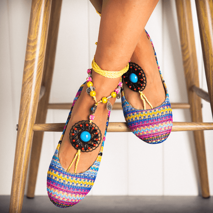 LOSTISY Beaded Chain Rainbow Stripe Cloth Bohemia Casual Flat Shoes - MRSLM