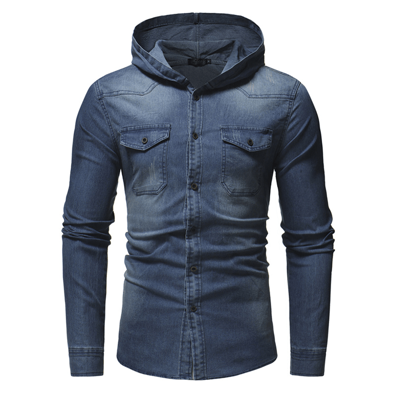 Mens Denim Chest Pocket Cotton Casual Hooded Shirt Jacket - MRSLM