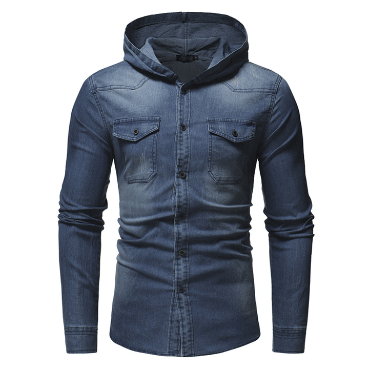 Mens Denim Chest Pocket Cotton Casual Hooded Shirt Jacket - MRSLM