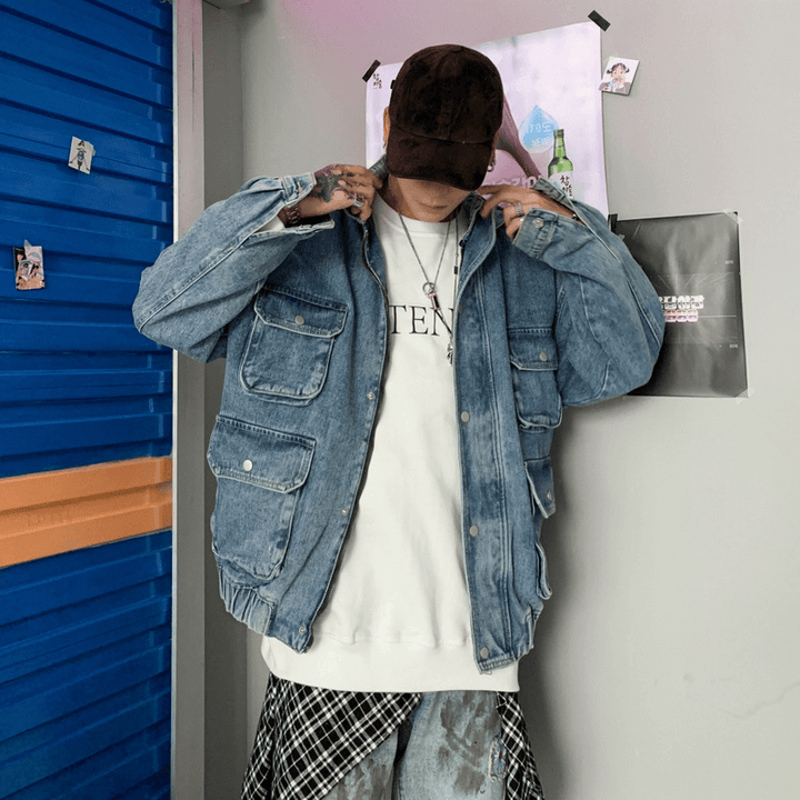 Tide Brand Dark Oversizehip-Hop Jacket Male European and American Street Hiphop Multi-Pocket Hooded BF Denim Jacket - MRSLM