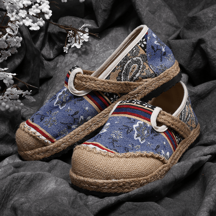 Women Linen Old Peking Printing Stricing Slip on Loafers - MRSLM