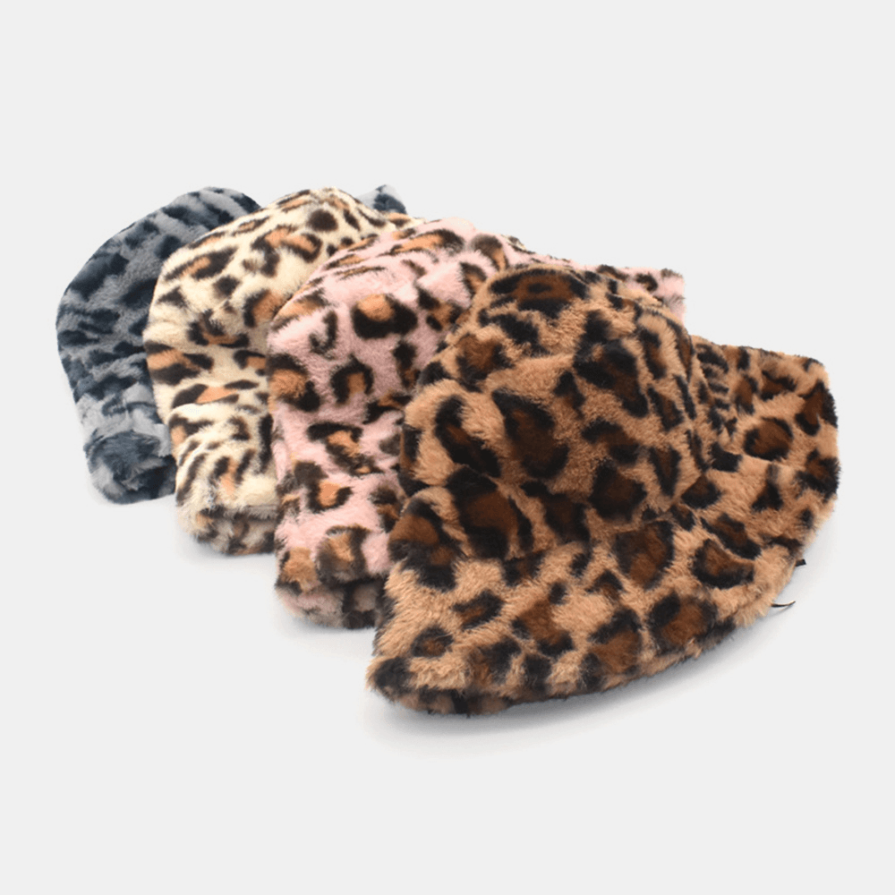 Women Lamb Hair Warm Soft Leopard Pattern Casual Personality Bucket Hat - MRSLM