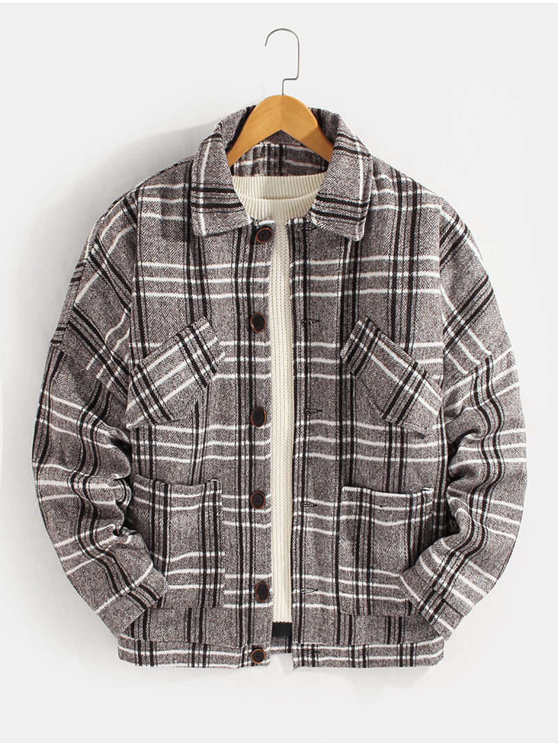 Mens Plaid Button up Warm Long Sleeve Pocket Woolen Jacket - MRSLM