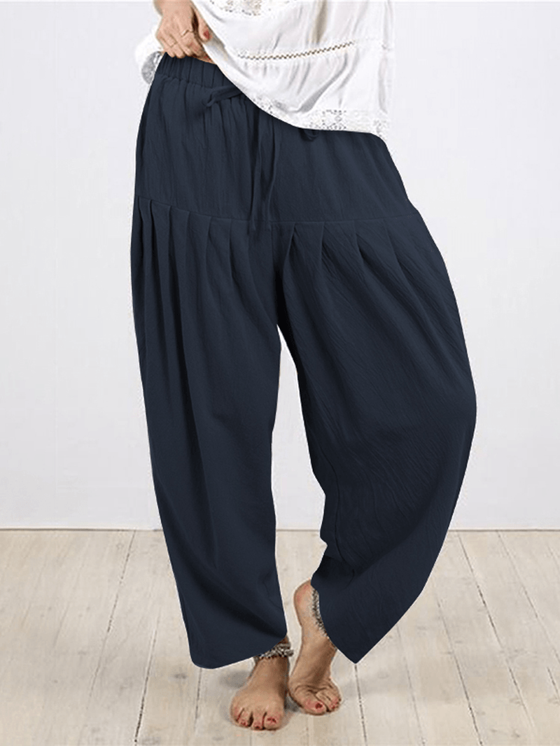 Women Solid Color Cotton Pleats Elastic Waist Drawstring Loose Pants - MRSLM