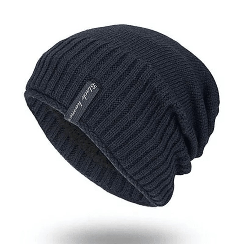 Mens Solid Knitted Skullies Cap plus Velvet Warm Outdoor Casual Skull Hats - MRSLM