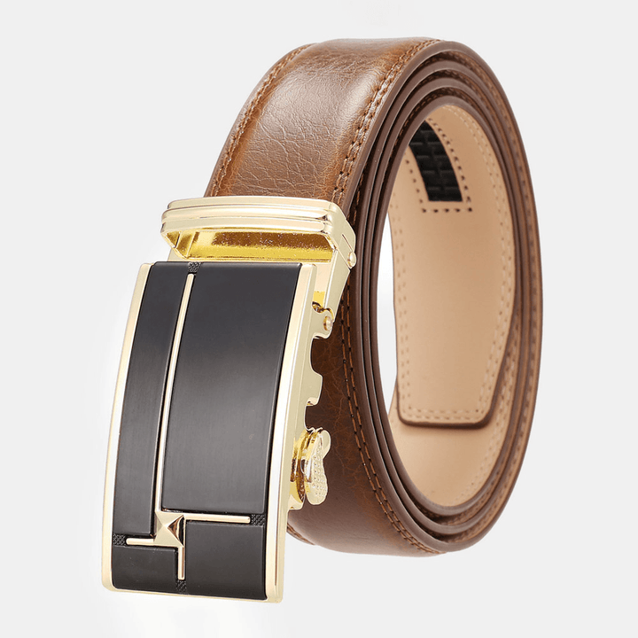 Men Genuine Leather Rectangular Alloy Automatic Buckle 3.5 CM Casual Business Wild Belt - MRSLM