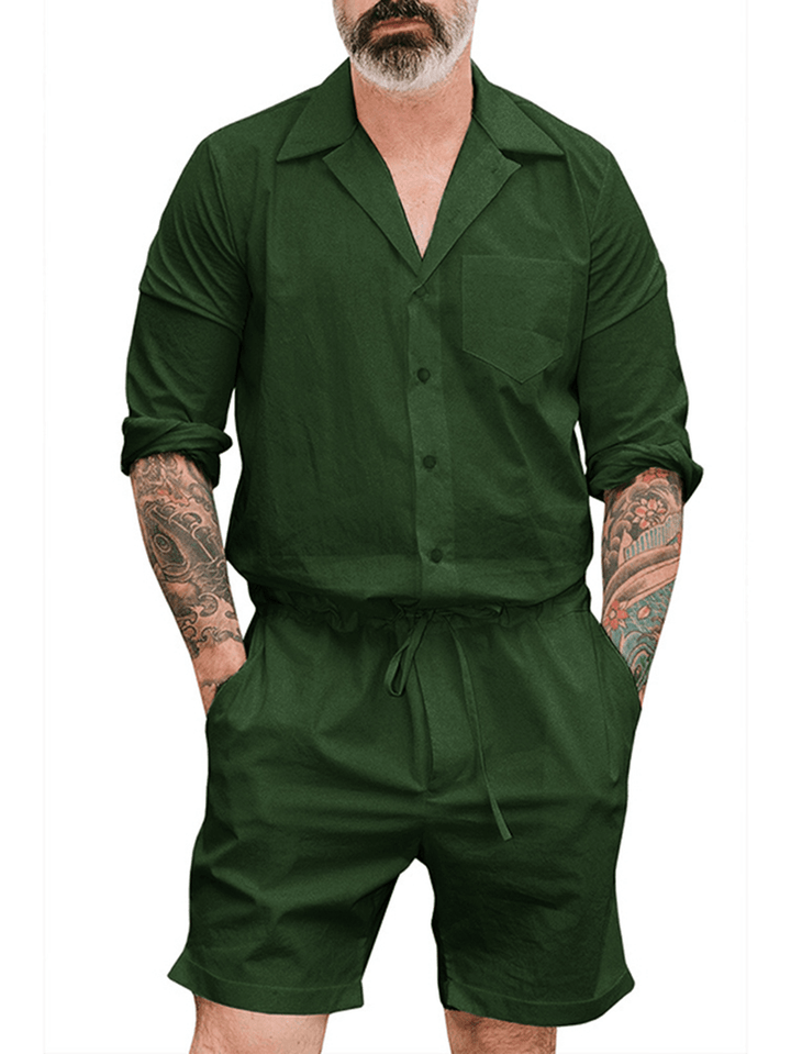 Men Solid Color Drawstring Short Jumpsuit Pants - MRSLM