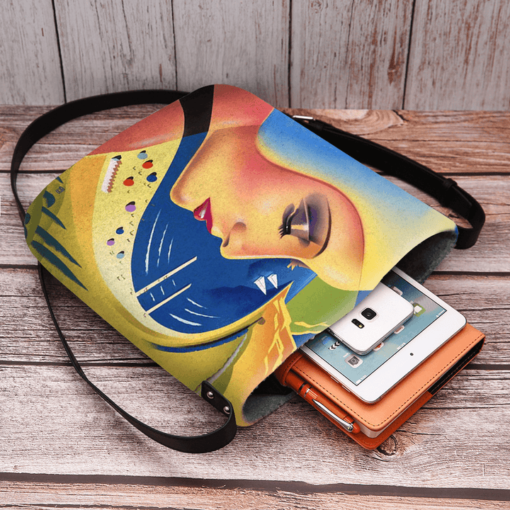 Women Felt Art Painting Cartoon Figure Print Personality Crossbody Bag Shoulder Bag - MRSLM