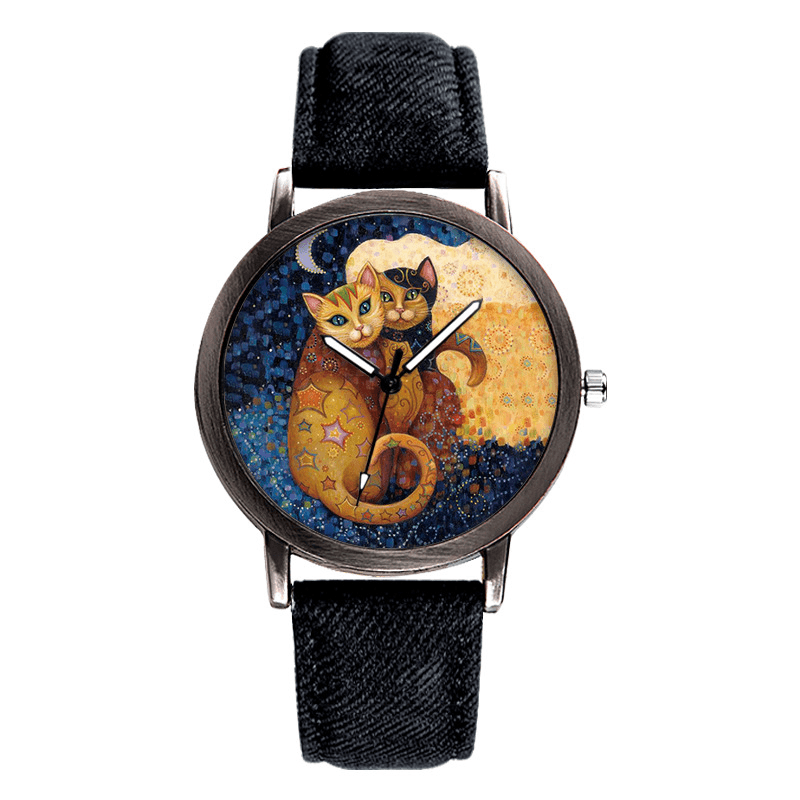 Temperament Cartoon Cat Blank Dial All-Match Denim Strap Women Quartz Watch Wristwatch - MRSLM