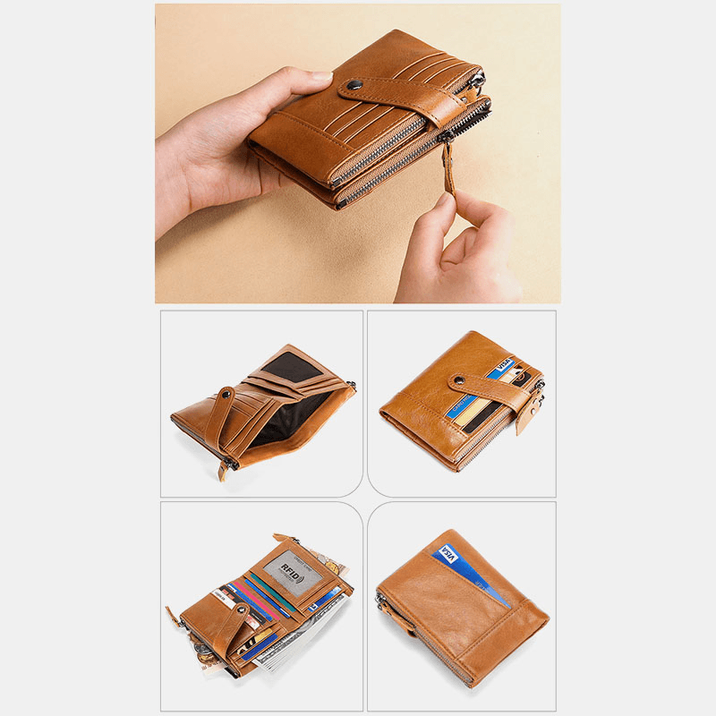 Men Genuine Leather Vintage RFID Blocking Zipper Coin Wallet - MRSLM