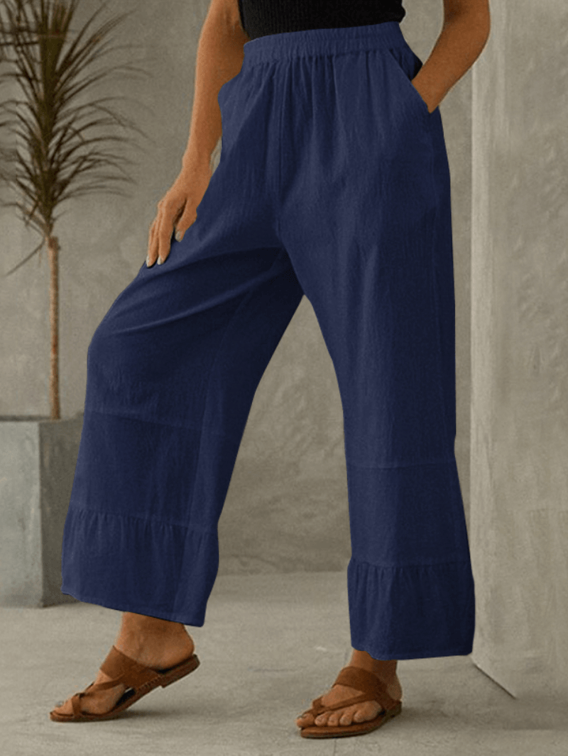 Women Cotton Plain Ruffle Cuff Elastic Waist Loose Casual Solid Wide Leg Pants - MRSLM