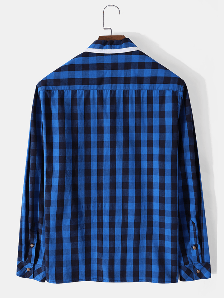 Mens Plaid Contrast Collar 100% Cotton Long Sleeve Shirts - MRSLM