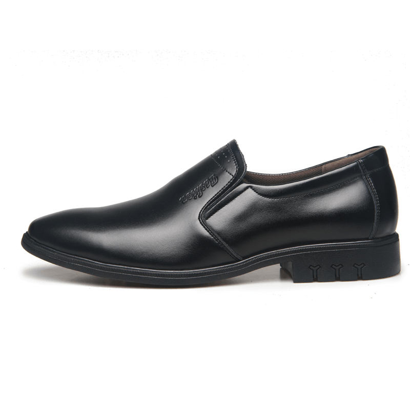 Men Cowhide Leather Pointed Toe Soft Bottom Slip on Business Casual Dress Shoes - MRSLM