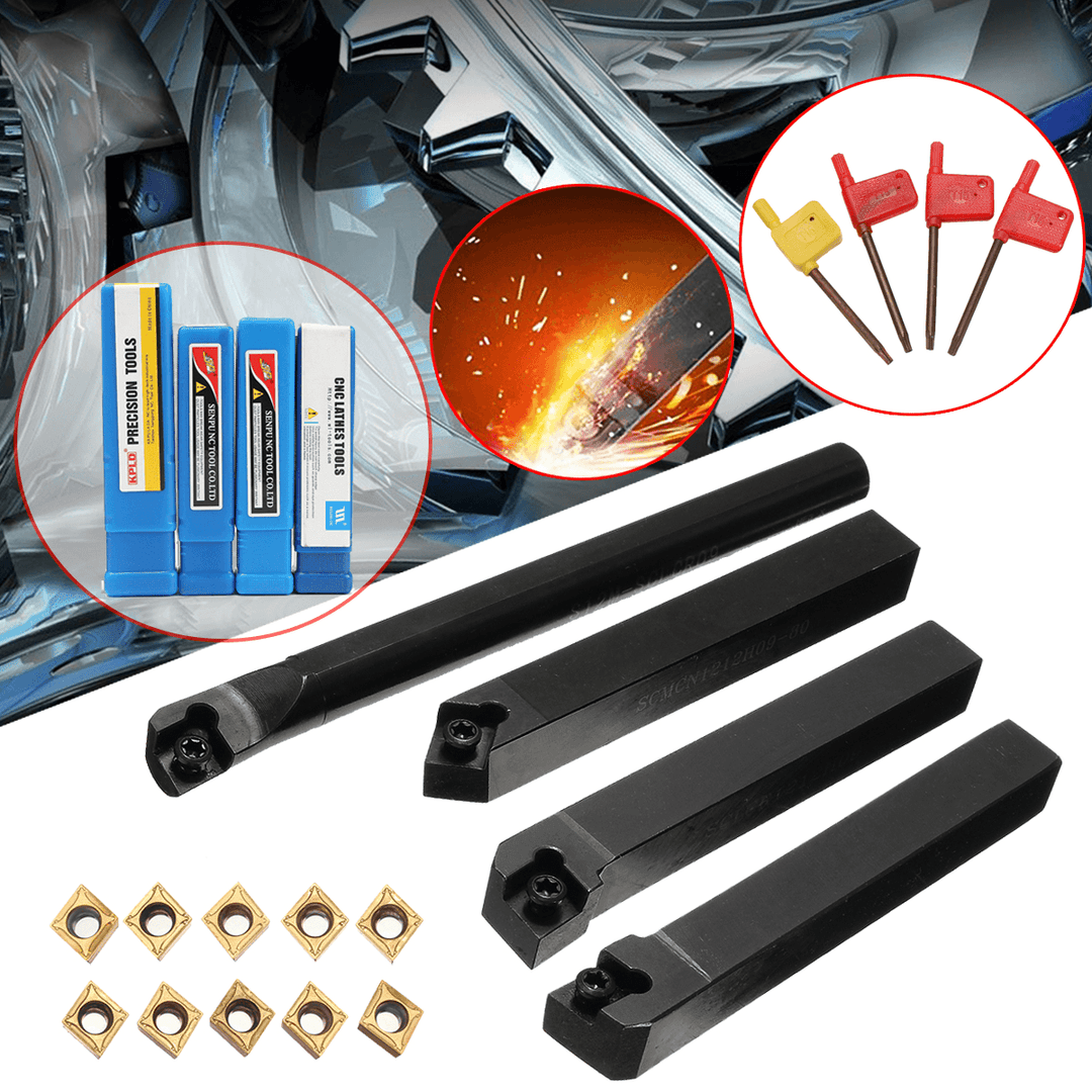 4Pcs SCLCR/L SCMCN 12Mm Lathe Boring Bar Turning Tool Holder with 10Pcs CCMT09T304 Carbide Inserts - MRSLM