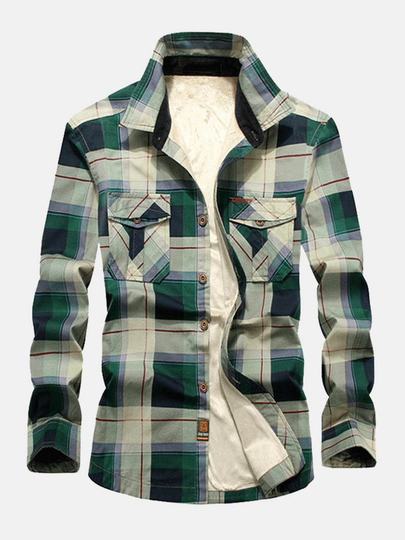 Mens Cotton Plaid Thicken Fleece Lined Shirt Jacket with Pocket - MRSLM