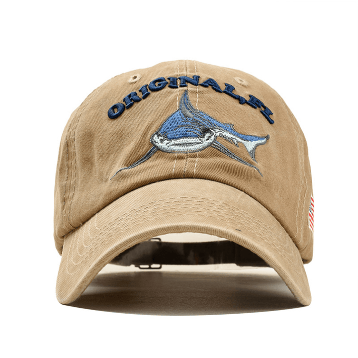 Men Women Denim Sunshade Hat Embroidered Letter Shark Washed Baseball Cap - MRSLM