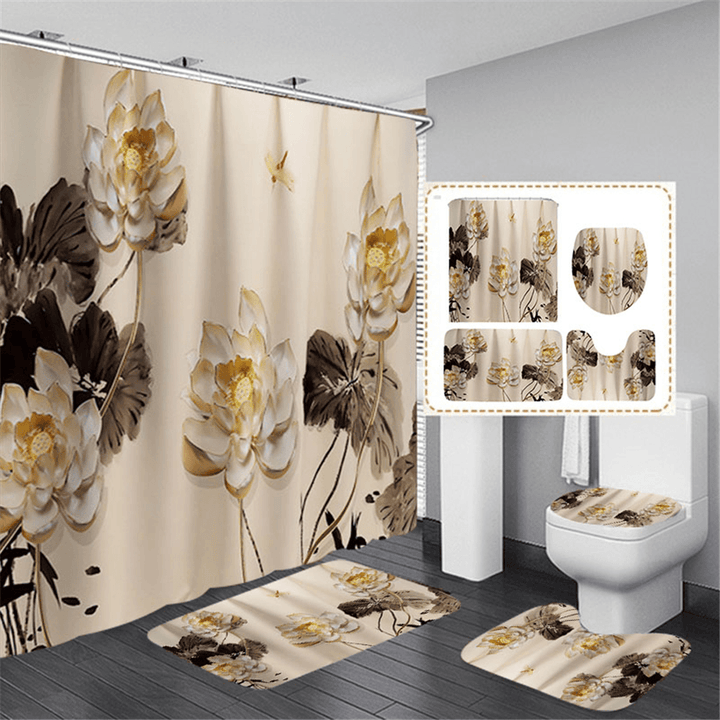 Printing Plum Blossom Shower Curtain Set Waterproof Odorless Anti-Slip Bath Mat Set - MRSLM