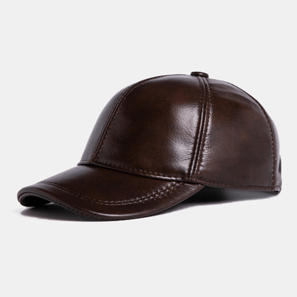 Men Genuine Cowhide Leather Adjustable Baseball Cap Outdoor Protect Ear Winter Warm for Elderly Father - MRSLM