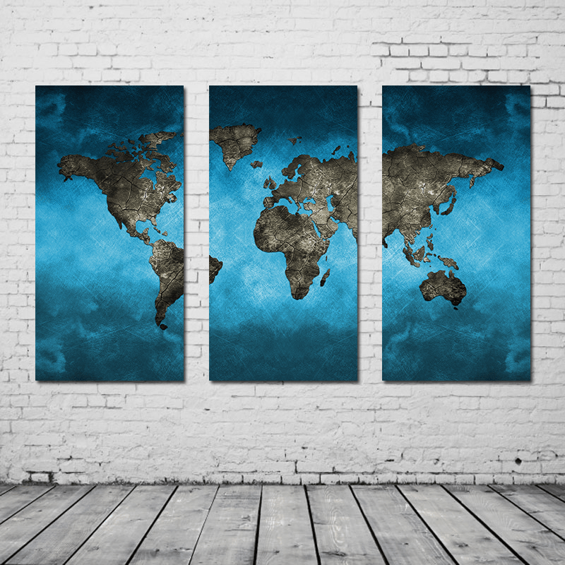 Miico Hand Painted Three Combination Decorative Paintings Continental Map Wall Art for Home Decoration - MRSLM