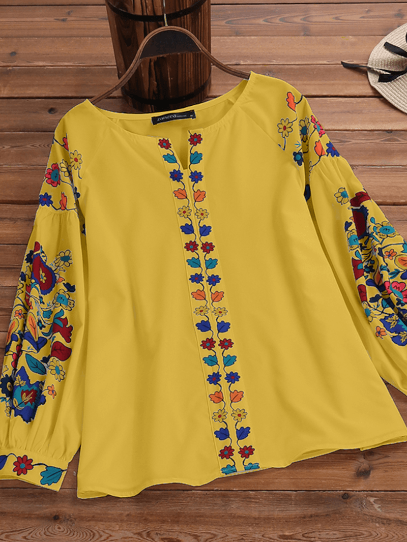 Puff Sleeve Casual Loose O-Neck Floral Ethnic Style Blouse - MRSLM