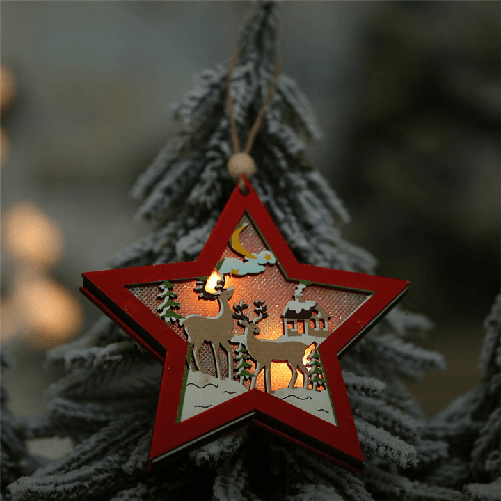 Christmas Star Wooden Pendants Ornaments Tree Decor Christmas Ornaments Hollow Wooden Pendant Creative Car Ornaments - MRSLM