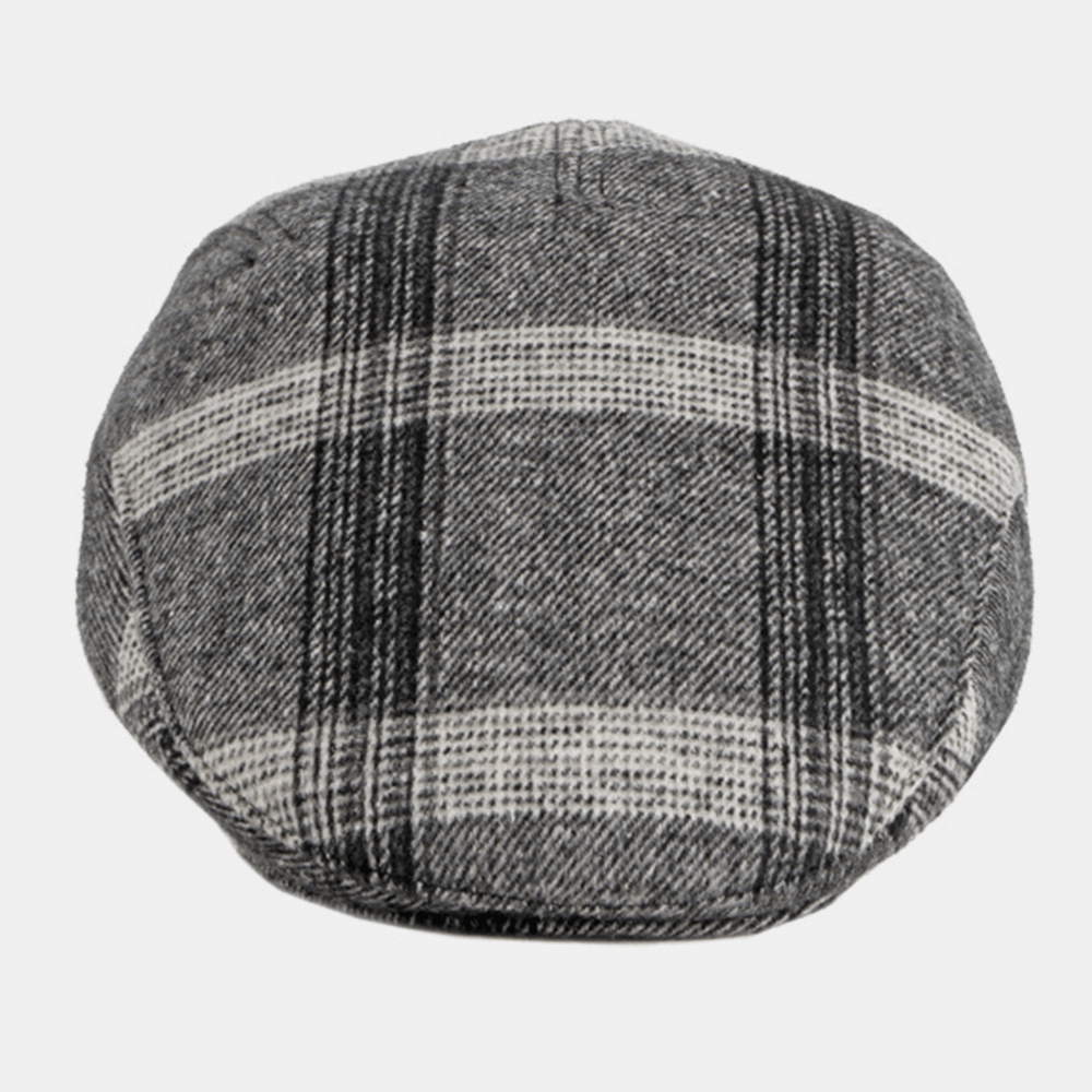 Men Felt Ear Protection Winter Outdoor Plaid Pattern Warm Universal Beret Hat Forward Hat - MRSLM