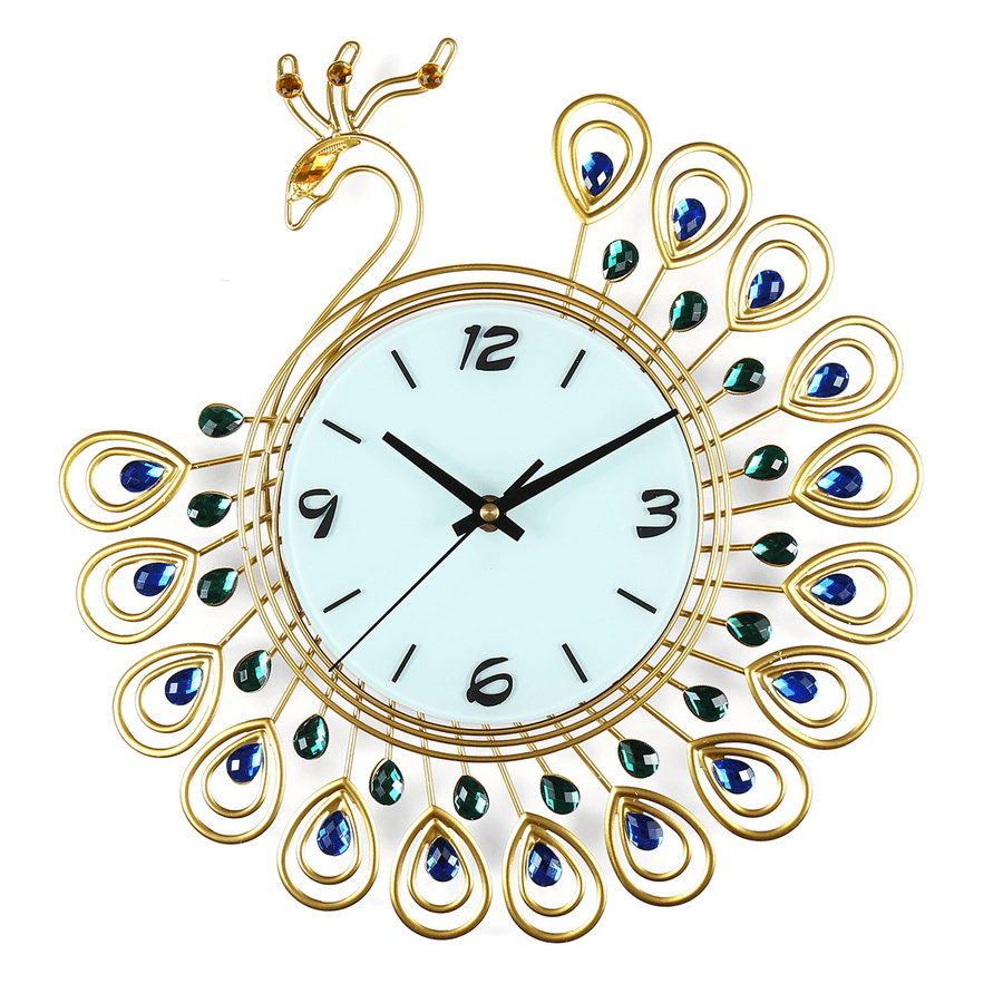 Large DIY 3D Flower Peacock Diamond Wall Clock Metal Modern Home Office Decorations - MRSLM