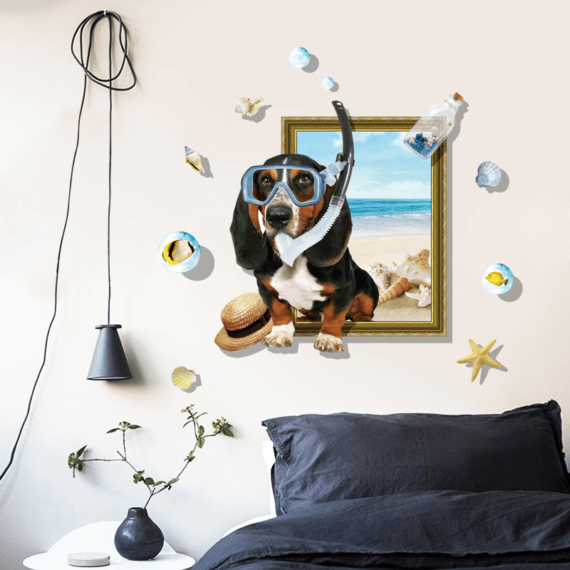 Miico Creative 3D Cartoon Summer Diving Dog Frame PVC Removable Home Room Decorative Wall Floor Decor Sticker - MRSLM