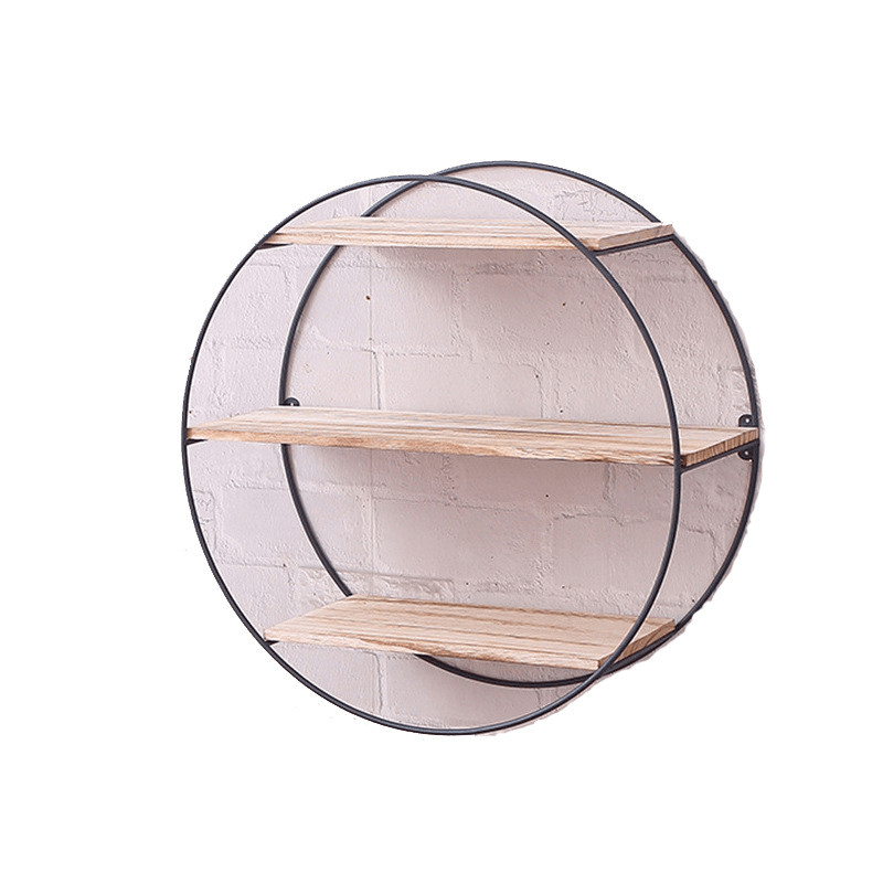 Round Wall Unit Retro Industrial Style Wood Metal Wall Shelf Rack Book Shelf Storage Rack - MRSLM