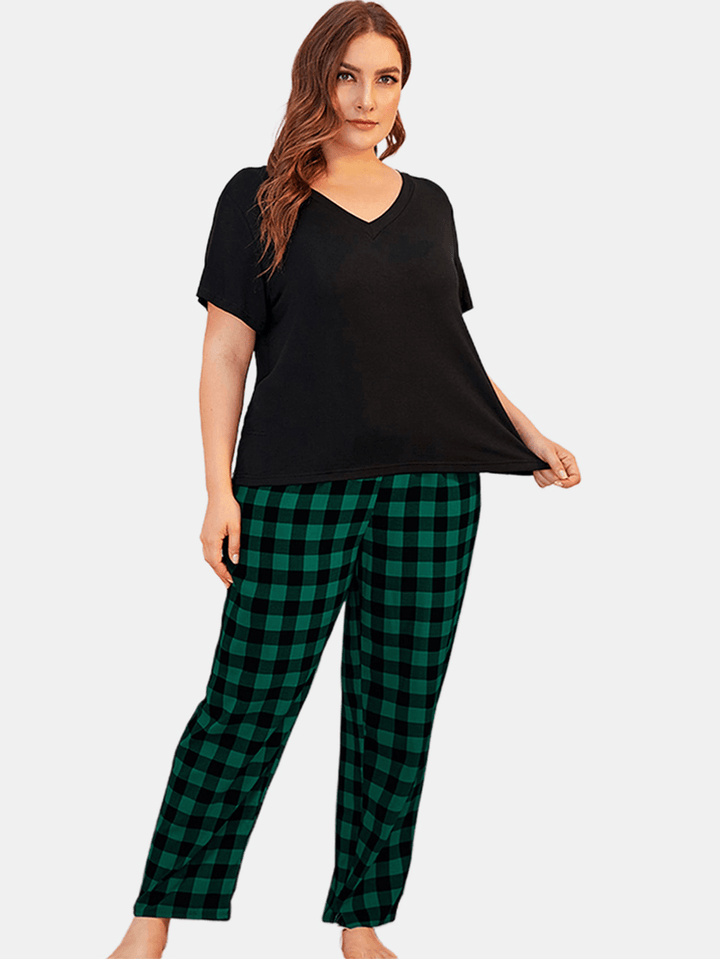 Women plus Size Loungewear Short Sleeve Tops with Striped Pants Casual Pajama Set - MRSLM