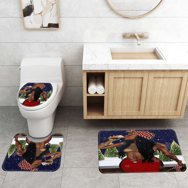 Christmas African Girl Printing Bathroom Shower Curtain Set Toilet Cover Mat Bathroom Non-Slip Mat Rug Kit - MRSLM