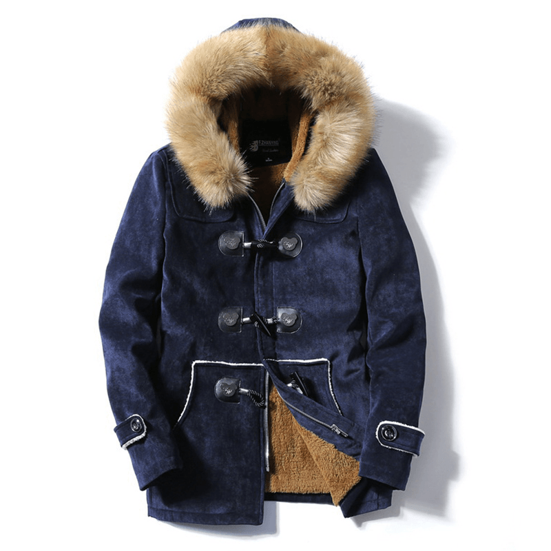 Mens Furry Hooded Fleece Thick Warm Winter Toggle Coat Parka - MRSLM