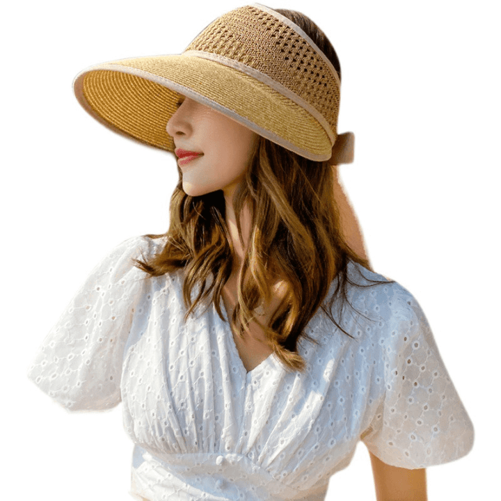 Sun Hat Women'S Big Brim Hollow Top Hat Hollow Summer Outdoor Big Brim No Top Folding Anti-Ultraviolet Sunscreen - MRSLM