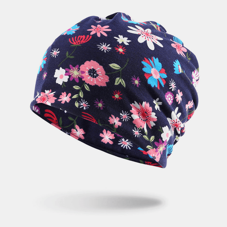 Women Cotton Colored Floral Printing Pattern Casual Outdoor Dual-Use Neck Protection Brimless Beanie - MRSLM