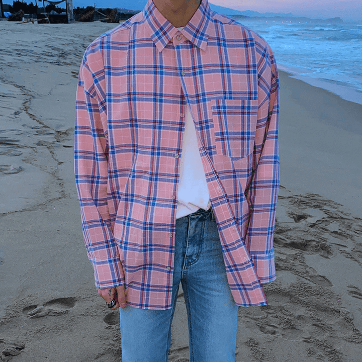 Retro Plaid Shirt Pink Small BF Style Couple Shirt - MRSLM