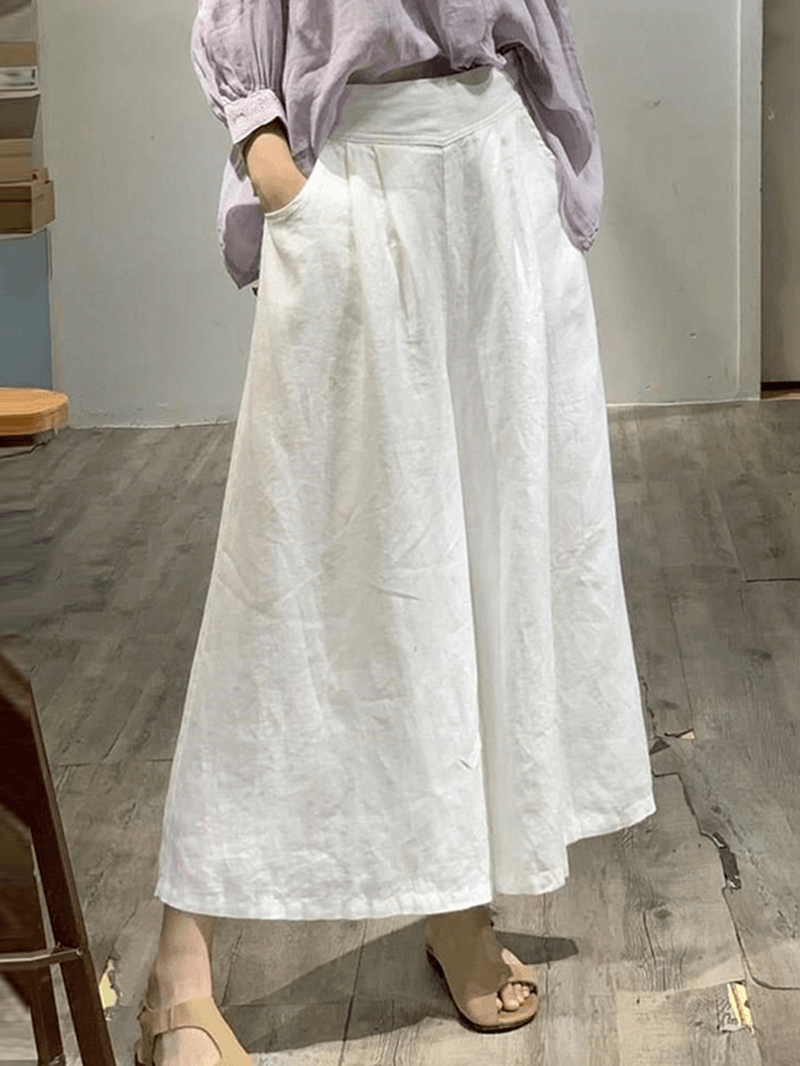 Women Cotton Elastic Waist Wide Leg Pants Casual Culottes with Pocket - MRSLM