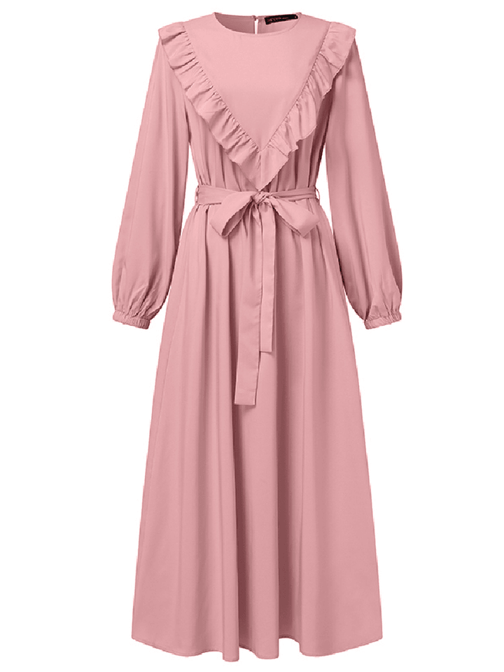 Women Ruffle Trims Lace-Up Solid Color O-Neck Casual Long Sleeve Maxi Dress - MRSLM