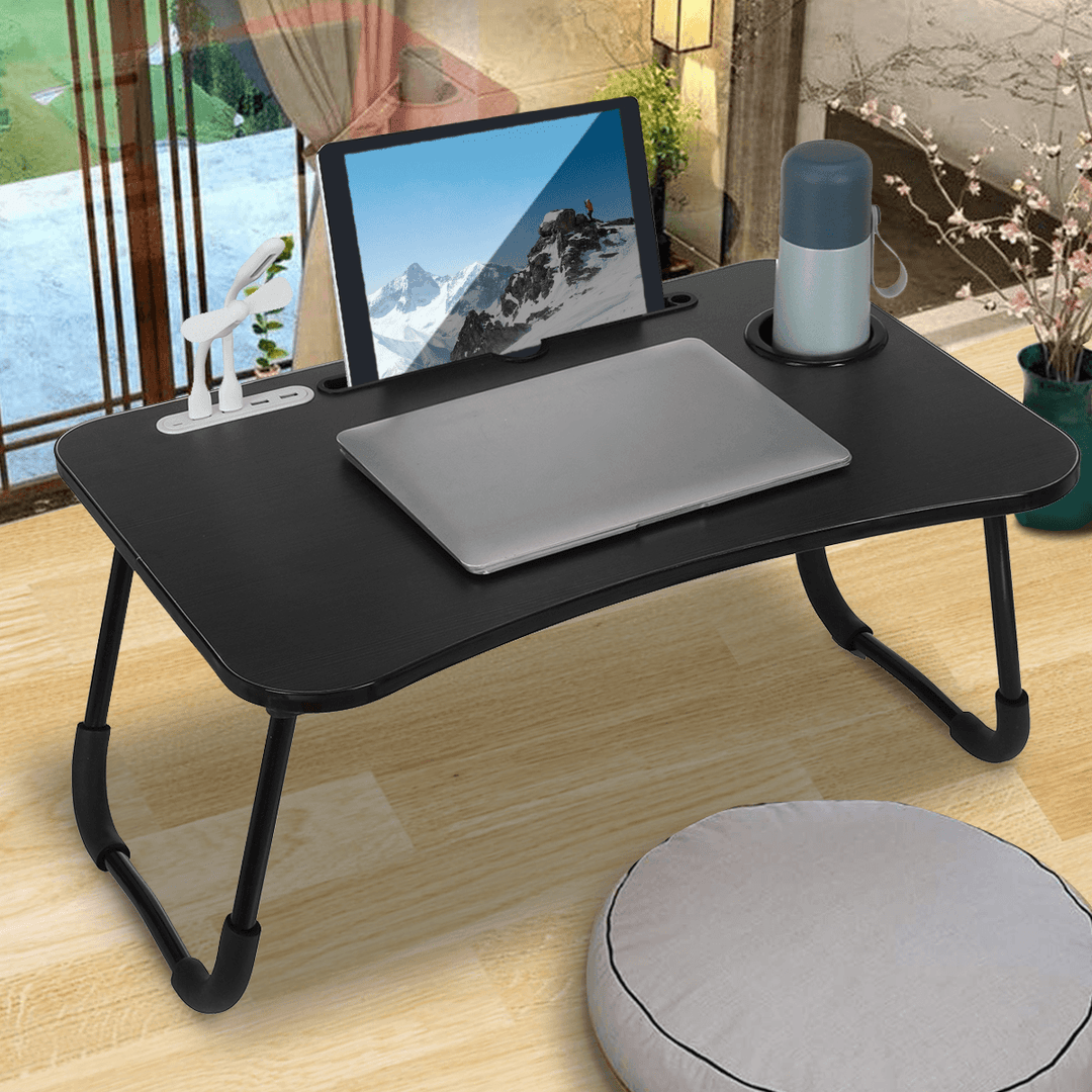 Wooden Laptop Stand Bed Table Laptop Heightening Stand with USB Ports Fan and Lamp for Bedroom Office - MRSLM