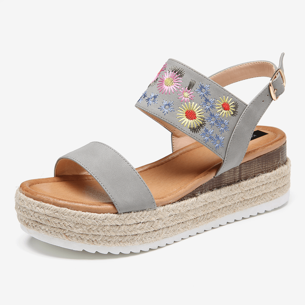 Women Espadrilles Embroidery Flowers Buckle Strap Slingback Platform Sandals - MRSLM