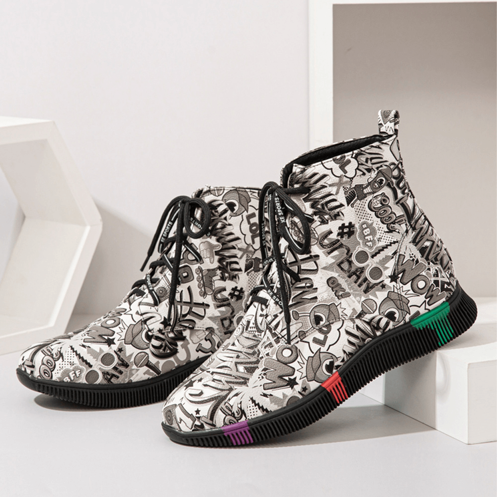 Women Casual Letter Graffiti Printing Multicolor Lace up Short Combat Boots - MRSLM